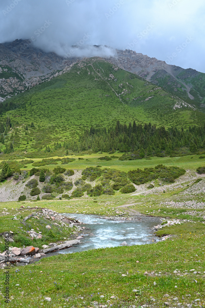Mountains views of meadows and rivers on a summer cloudy day , Kazakhstan, Kegen, Aktas mount, Tekes river.