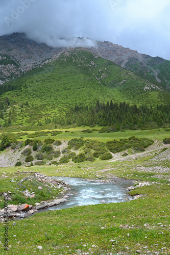 Obraz na płótnie Mountains views of meadows and rivers on a summer cloudy day , Kazakhstan, Kegen, Aktas mount, Tekes river. w salonie