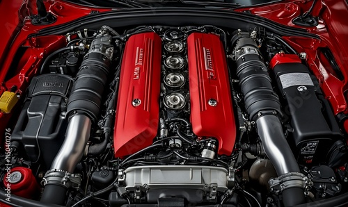 Close-up of a powerful red V12 engine. photo