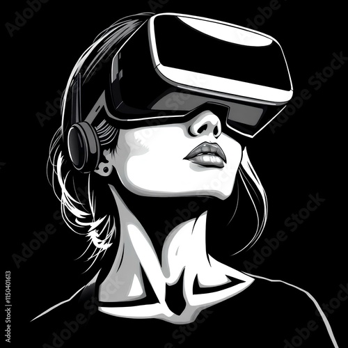 a woman wearing virtual reality goggles, face illuminated with black and white color