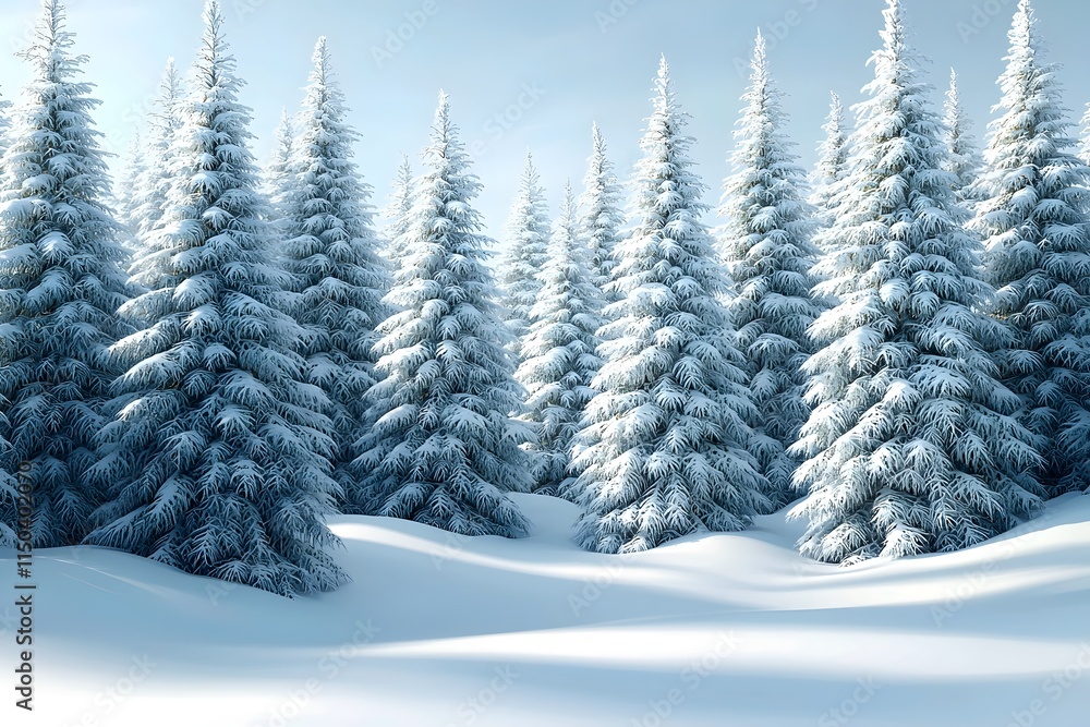 Naklejka premium A serene winter landscape featuring snow-covered evergreen trees, creating a tranquil and picturesque scene under a clear, blue sky.