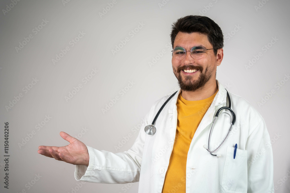 Doctor young man, medical professional holding something in empty hand isolated over grey background. Doctor young man, medical professional holding something in empty hand isolated over grey background.