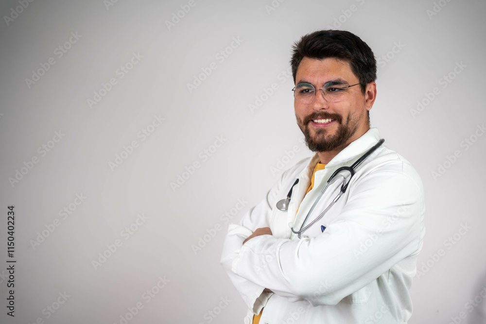 Male doctor portrait. Confident doctor at the reception desk. Portrait of a friendly male doctor wearing uniform and stethoscope, with arms crossed in hospital. Male doctor portrait. Confident doctor at the reception desk. Portrait of a friendly male doctor wearing uniform and stethoscope, with arms crossed in hospital.