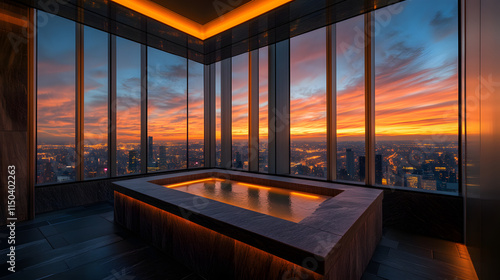 A high-rise spa room with a heated stone bench ambient lighting and an incredible view of the bustling city below. photo