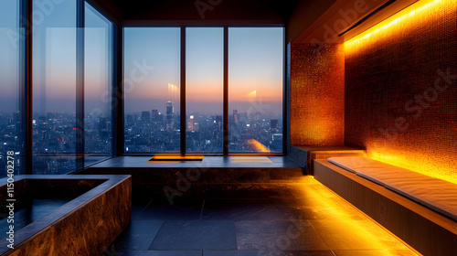 A high-rise spa room with a heated stone bench ambient lighting and an incredible view of the bustling city below. photo