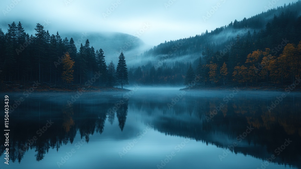Fototapeta premium A serene, foggy lake surrounded by mountains and autumn trees, reflecting tranquil waters.