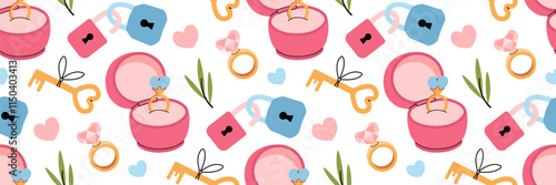 Marry me seamless pattern. Engagement ring with diamond in pink box. Happy Valentines day background. Locks and a key are symbols of love. Wedding day cute clipart. For wallpaper. Vector illustration.