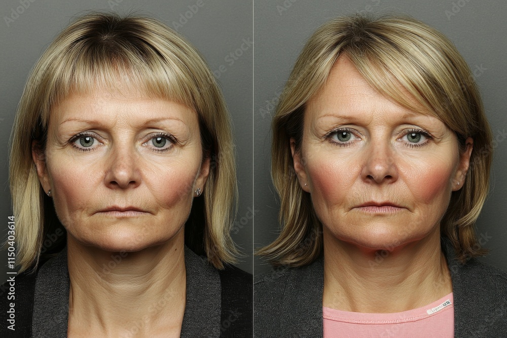 Before and after images of mature woman's complete facial transformation through comprehensive plastic surgery makeover Before and after images of mature woman's complete facial transformation through comprehensive plastic surgery makeover