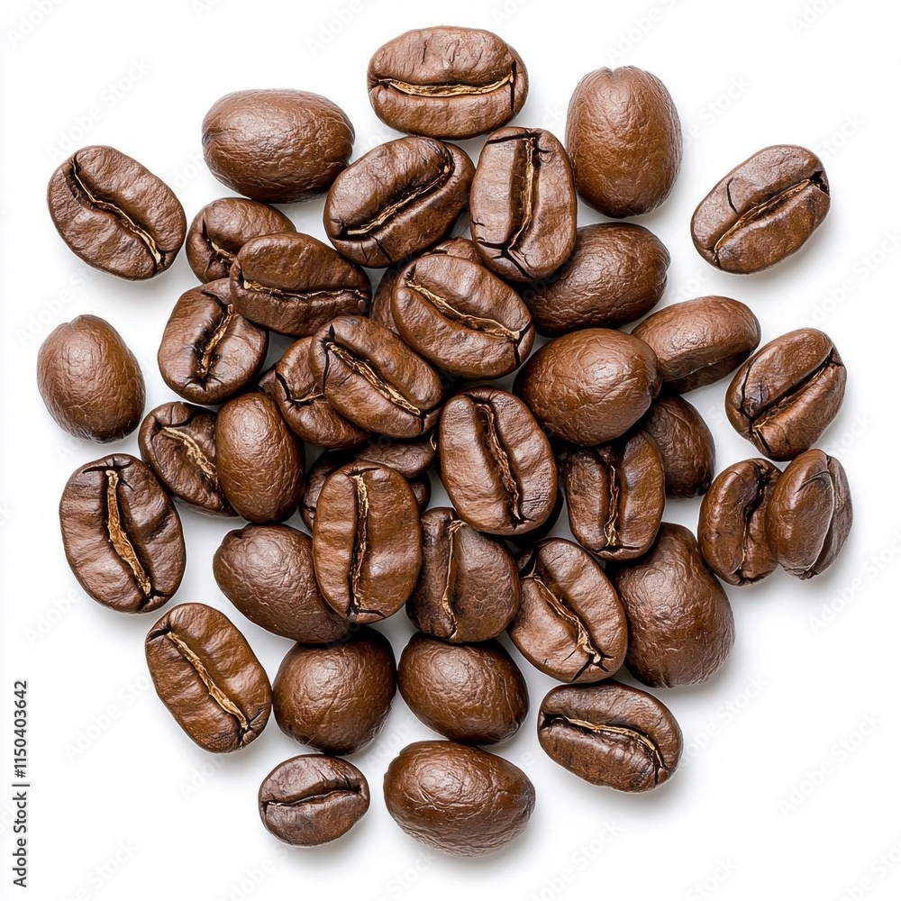 Obraz premium A photostock of scattered fresh coffee beans with a rich brown tone, natural and detailed, isolated on a clean white background, High Quality