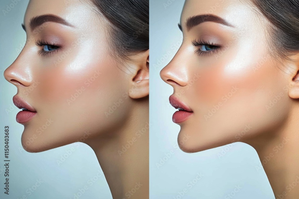 Before and After Non-Surgical Rhinoplasty with Dermal Fillers: Woman in Cosmetic Clinic Shows Subtle Nose Contour Improvements Before and After Non-Surgical Rhinoplasty with Dermal Fillers: Woman in Cosmetic Clinic Shows Subtle Nose Contour Improvements