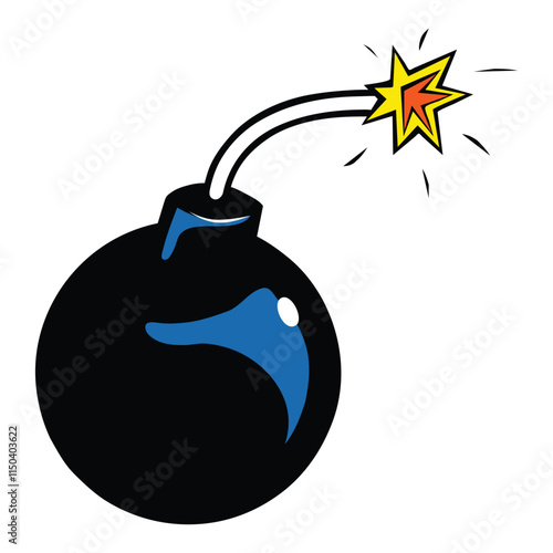 Boom little round bomb exploding with festive light clouds against black background icon print abstract