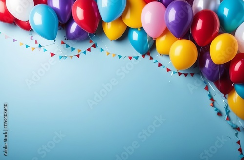 Festive horizontal concept of entertainment and leisure services using colorful inflatable helium balloons decorated with ribbons on light blue background with space for text