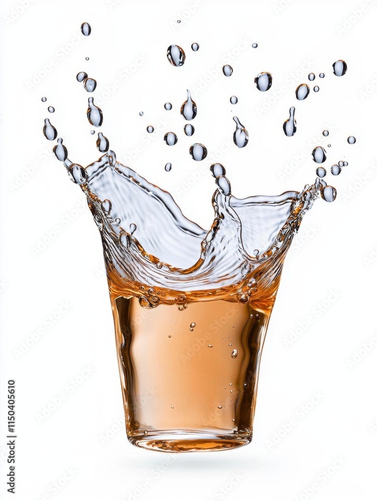 A photostock of sparkling water droplets falling mid-air, refreshing and bright, isolated on a clean white background, High Quality A photostock of sparkling water droplets falling mid-air, refreshing and bright, isolated on a clean white background, High Quality