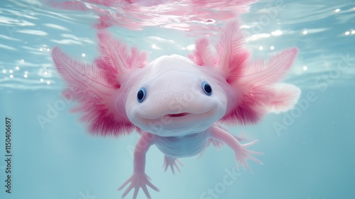 A minimalistic image of an axolotl swimming underwater in clear blue water, showcasing its pink gills and friendly expression