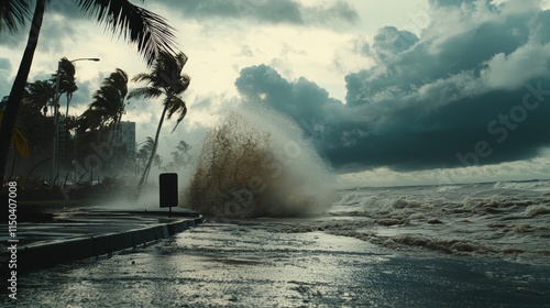 Large wave crashing over seawall during storm.