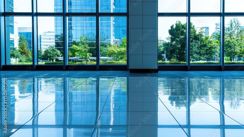 Modern Office Interior with Large Windows and Urban Landscape View Modern Office Interior with Large Windows and Urban Landscape View