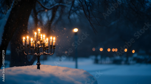 An outdoor menorah glowing warmly in the snow surrounded by a quiet winter night. photo