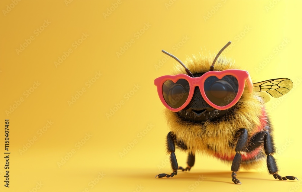 Naklejka premium A cheerful bumblebee in heart-shaped sunglasses pops against a bright yellow background