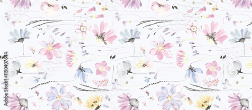 Seamless design. Colorful abstract flowers bouquet on a light color background.
