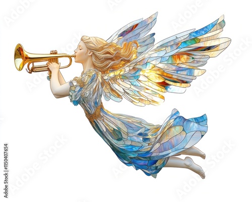 A beautiful angel with colorful stained glass wings plays a golden trumpet while flying