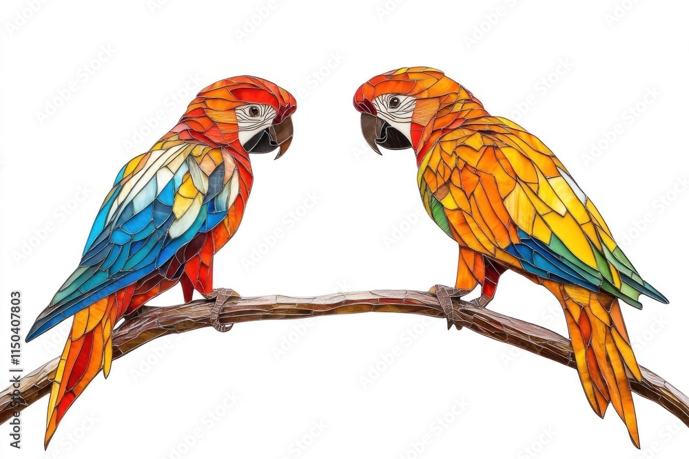 Fototapeta premium Two bright parrots made of stained glass gaze at each other while perched on branches