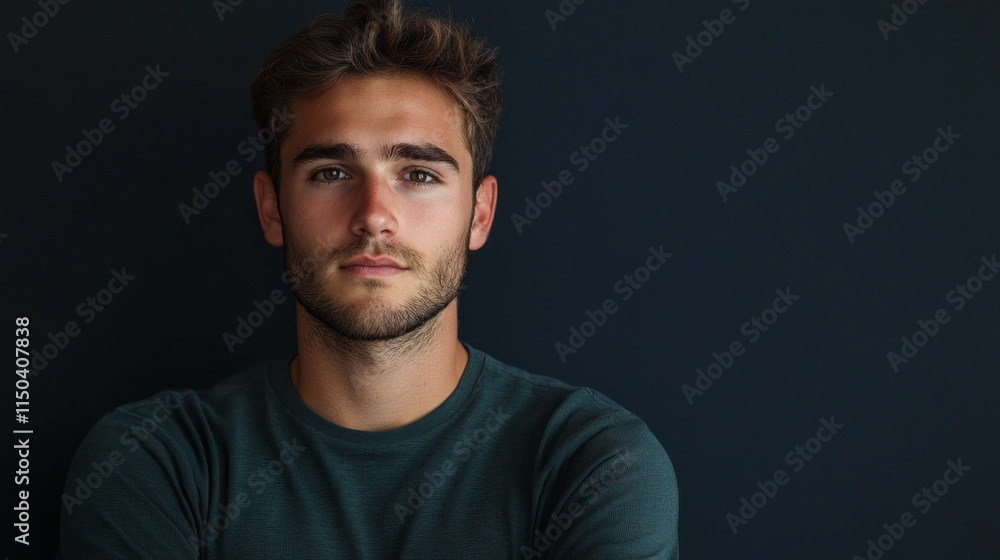 Obraz premium A young man, wearing a simple sweater, gazes intently at the camera with a serious expression. The dark navy background amplifies his determined appearance, reflecting focus and purpose.