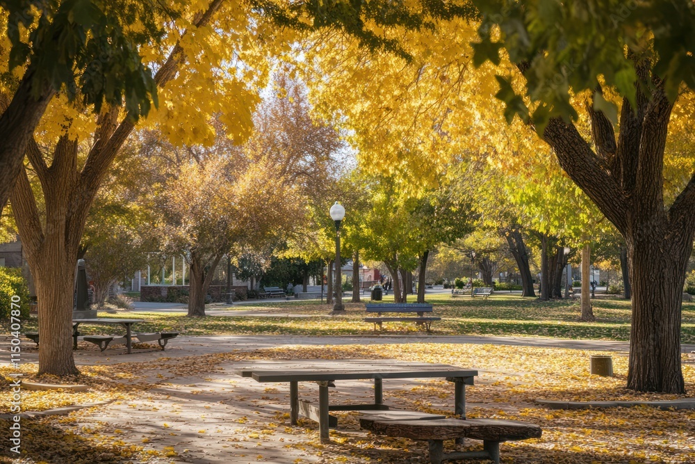 Autumn Park Pathway Golden Leaves Picnic Tables Autumn Park Pathway Golden Leaves Picnic Tables
