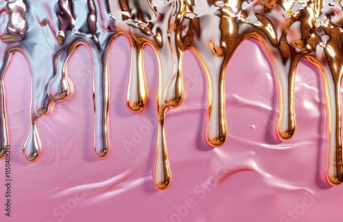 Gold and silver slime cascades down over a baby pink metallic surface, creating a striking effect photo