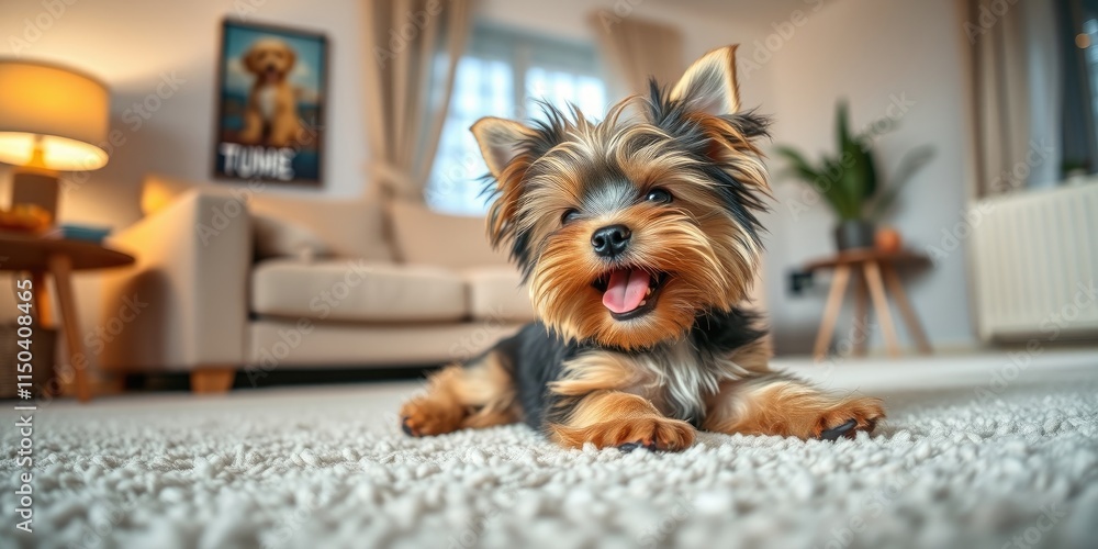 A tiny Yorkshire Terrier puppy relaxes on a soft carpet in a warm living room, showcasing its playful nature with a bright smile and curious expression A tiny Yorkshire Terrier puppy relaxes on a soft carpet in a warm living room, showcasing its playful nature with a bright smile and curious expression