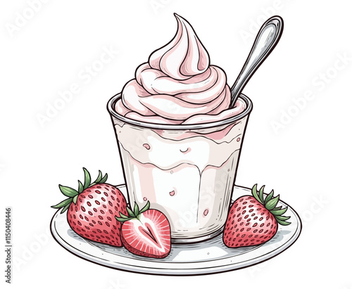 Strawberry fudge and yogurt coloring page for kids and adults. Food and drink coloring book