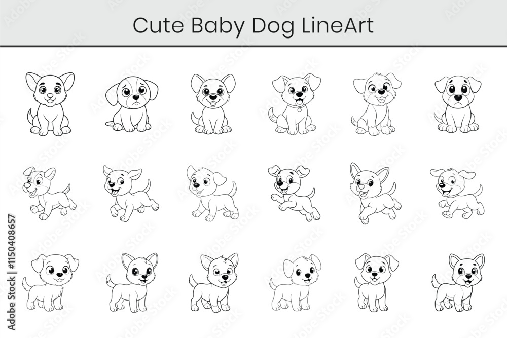A cute puppy outline cartoon vector. Cute baby dog flat line art illustration on white background A cute puppy outline cartoon vector. Cute baby dog flat line art illustration on white background