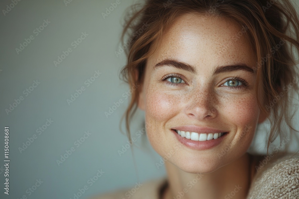 A close-up portrait of a woman with radiant skin, freckles, and a bright smile, set against a soft, neutral background A close-up portrait of a woman with radiant skin, freckles, and a bright smile, set against a soft, neutral background