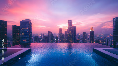 An urban rooftop infinity pool with skyscrapers glowing in watercolor hues against a soft dusk sky. photo