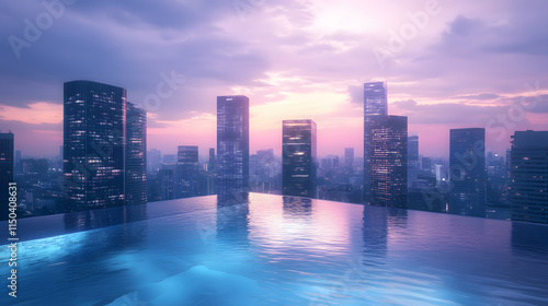 An urban rooftop infinity pool with skyscrapers glowing in watercolor hues against a soft dusk sky. photo