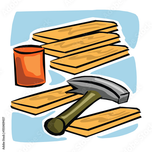 A hammer laying on a pile of wood with a hammer and other tools