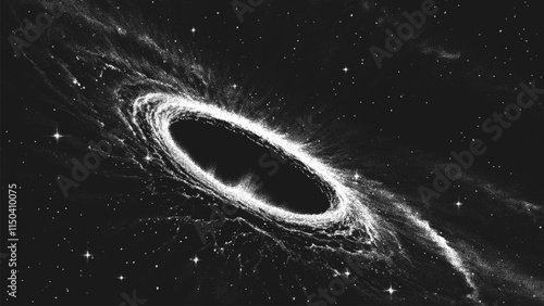 Amazing huge deep space spiral galaxy in stippling style with massive black hole or glowing portal in center. Retro styled dotwork. Pointillism. Noisy grainy shading using dots. Vector illustration