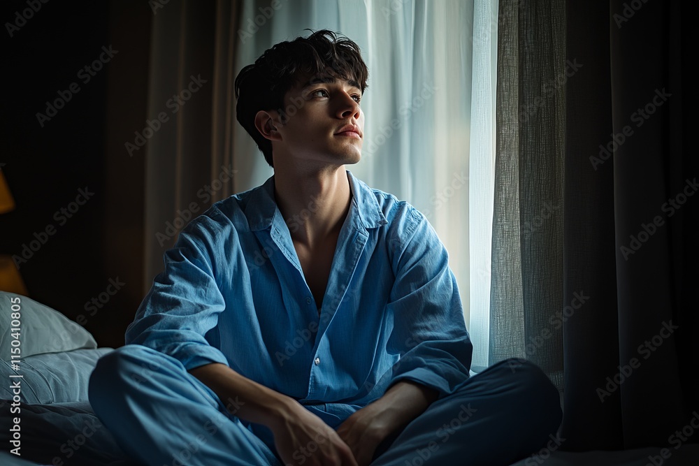 Fototapeta premium A young man with short dark hair sits cross-legged on a bed, gazing thoughtfully out of a window with soft natural light filtering through the curtains
