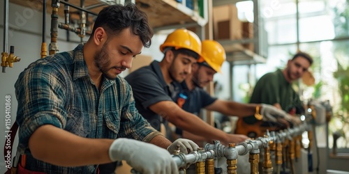 A diverse group of young plumbers working together on plumbing pipes in a well-lit workshop