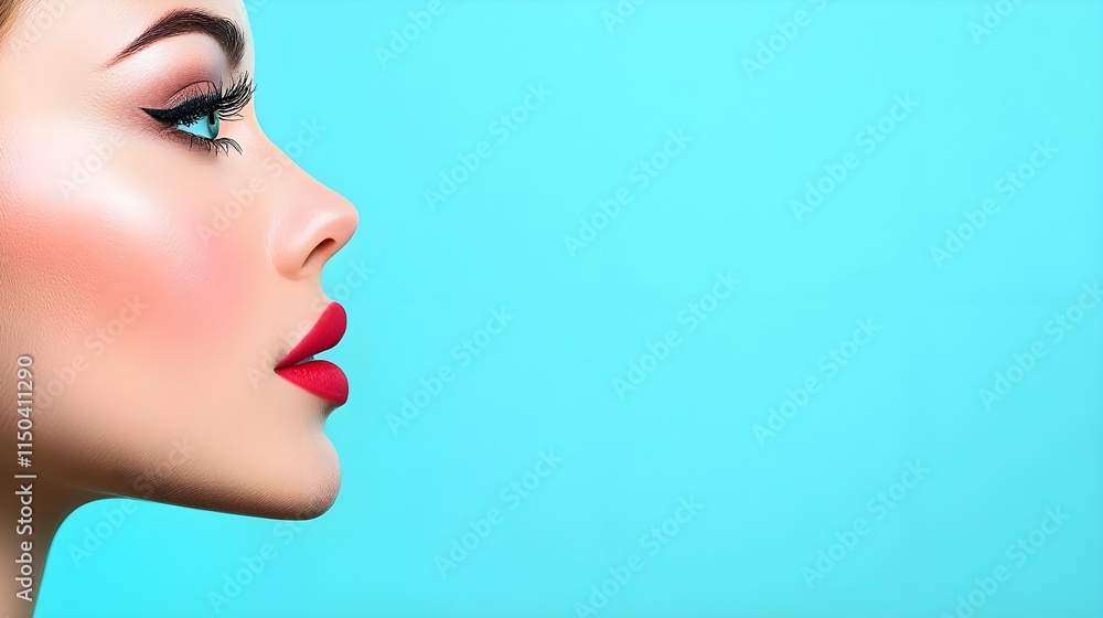 Profile of a Beautiful Woman with Bold Red Lips Against Blue Background Profile of a Beautiful Woman with Bold Red Lips Against Blue Background
