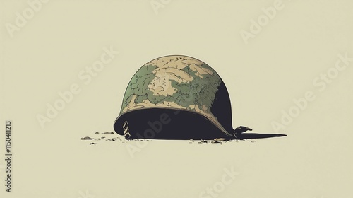 Cracked soldier helmet, worn and damaged, symbolizing war, battle, and the harsh realities of conflict, minimal illustration