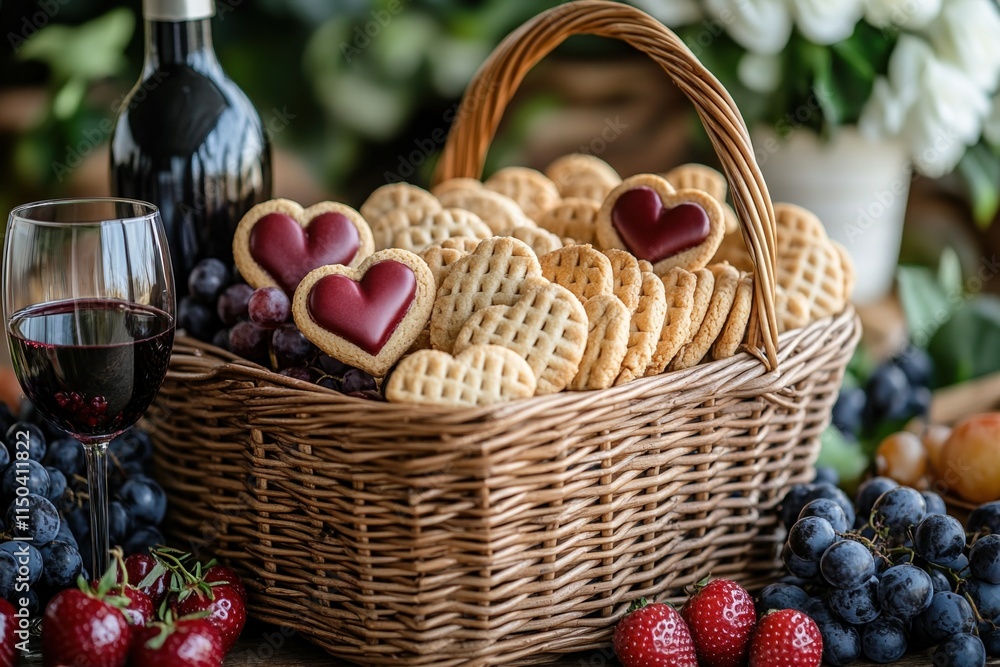 Heart-shaped cookies in wicker basket with wine, grapes, strawberries on table creating romantic Valentine’s Day atmosphere, love celebration concept Heart-shaped cookies in wicker basket with wine, grapes, strawberries on table creating romantic Valentine’s Day atmosphere, love celebration concept