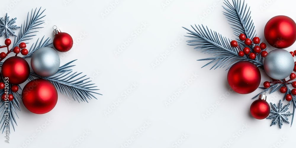 A photostock of a frosted Christmas garland featuring silver stars, red baubles, and elegant snowflakes, glowing softly against a pale white wall. High Quality A photostock of a frosted Christmas garland featuring silver stars, red baubles, and elegant snowflakes, glowing softly against a pale white wall. High Quality