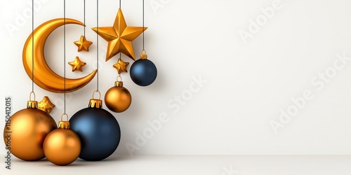 A photostock of a festive garland with sparkling gold ornaments, crescent moons, and elegant lanterns, hanging beautifully against a white wall. High Quality photo