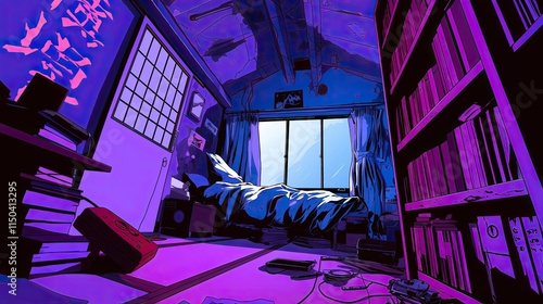 Purple Room Illustration, Anime Bedroom Art