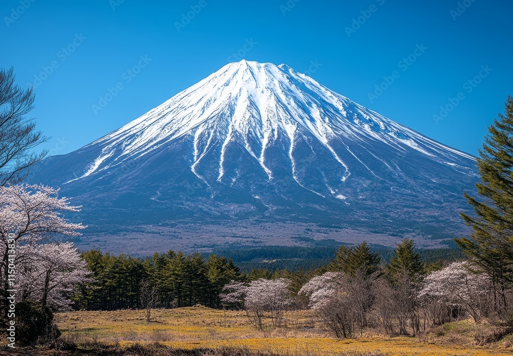 Obraz premium Snow-Capped Mount Fuji with Spring Blossoms 