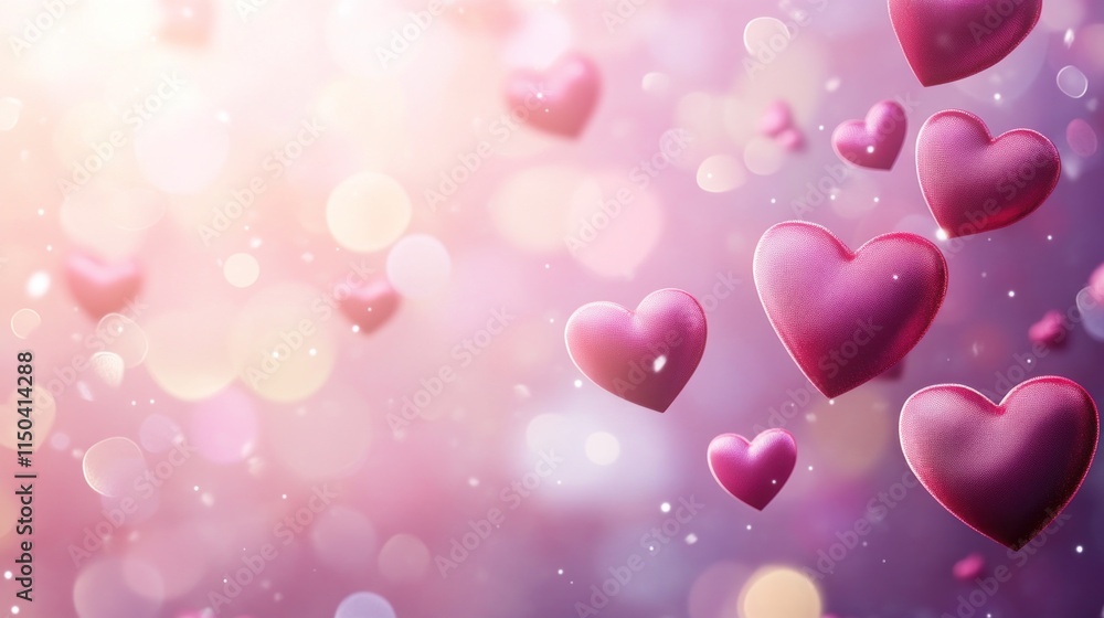 Fototapeta premium Floating hearts in shades of pink and red enhance a dreamy pastel background, bringing joy