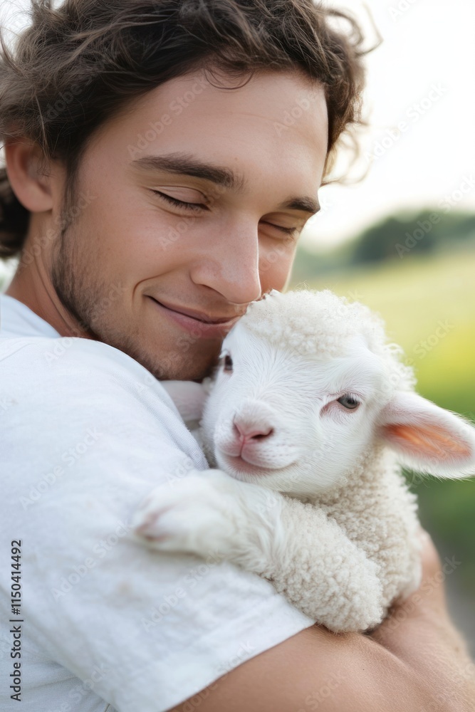 A young man joyfully embraces a fluffy lamb in a serene outdoor setting. A young man joyfully embraces a fluffy lamb in a serene outdoor setting.