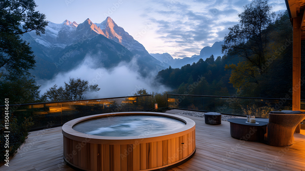 A mountain retreat chill-out area with a wooden hot tub soft lighting and a breathtaking view of misty peaks. A mountain retreat chill-out area with a wooden hot tub soft lighting and a breathtaking view of misty peaks.