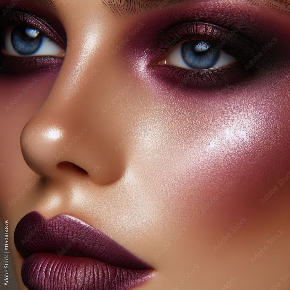 Fototapeta premium Close up showcasing deep plum toned skin with complementary make
