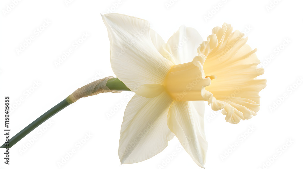 Obraz premium A pale yellow daffodil with a soft ruffled trumpet gently leaning in the spring breeze.